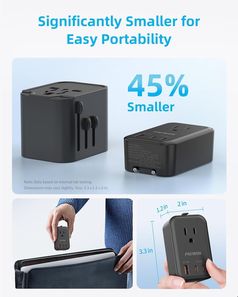 PAEWOK محول سفر USB C، محول سفر أوروبي مع 1 مخرج AC وشحن سريع USB (PD 20W)، محول عالمي قابل للطي من نوع C/G/A/I، أسود - Image 3